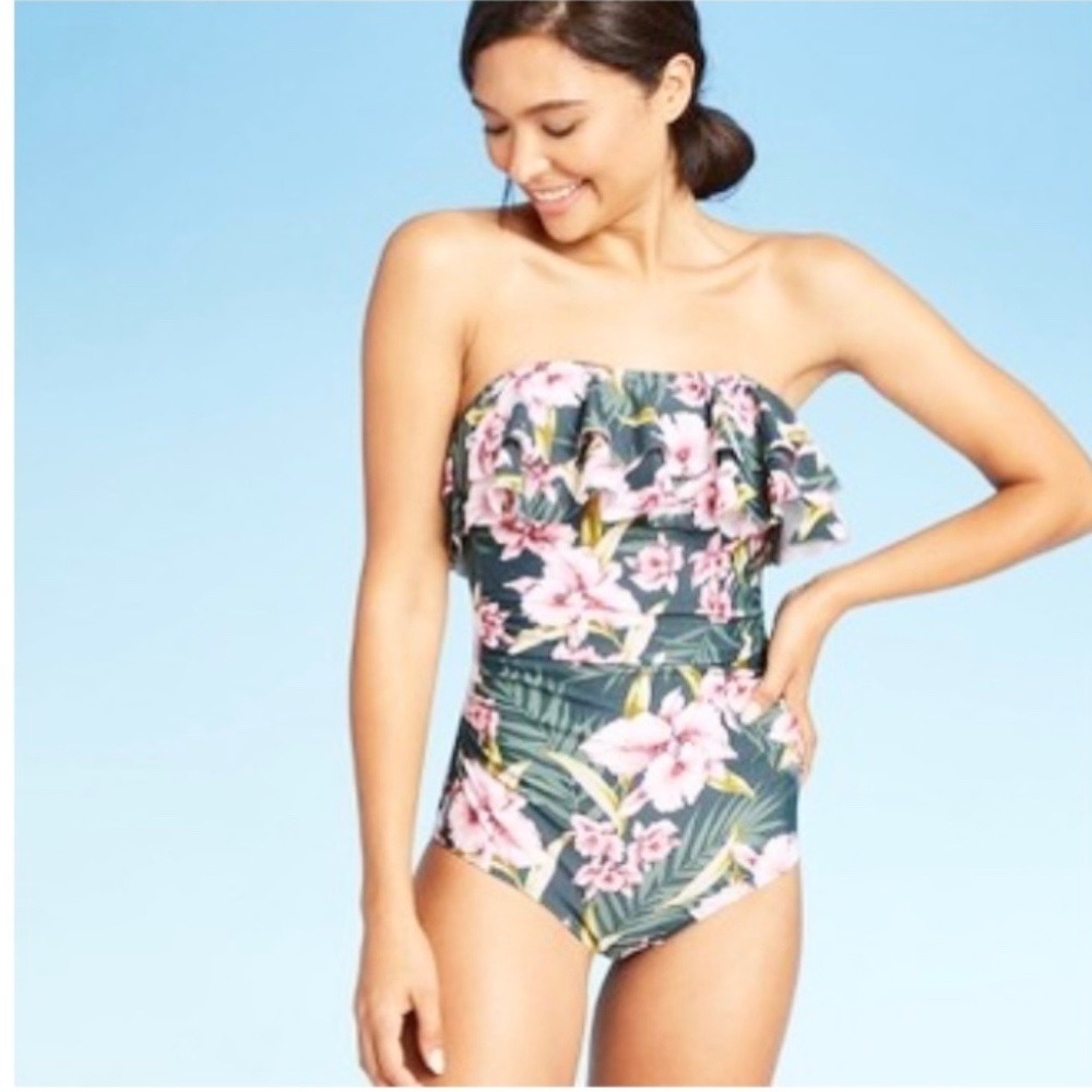 Kona Sol Womens‎ Bandeau Flounce High High Coverage One-Piece Swimsuit Size M